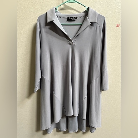 NEW Simpli Bop Top 3/4th Sleeve Silver/Gray Tunic Hi-Lo Blouse Women’s 8 Canada - Picture 1 of 11
